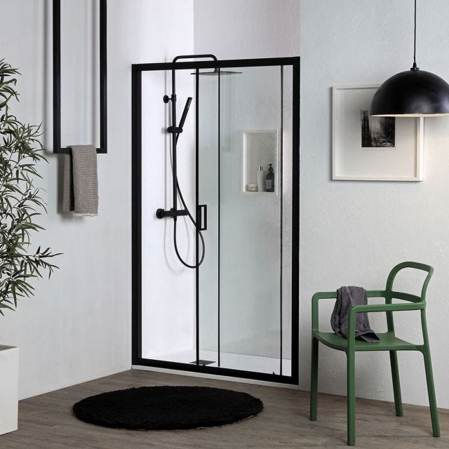 PORTE DE DOUCHE POUR NICHE 100CM EN VERRE TREMPÉ ET PROFILS NOIRS | CITY