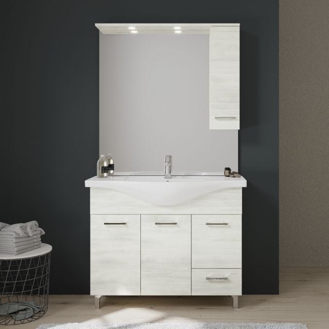 MEUBLE DE SALLE DE BAIN SUR PIEDS 105CM MEUBLE-HAUT AVEC MIROIR ET LUMIÈRE BLANCHE | RIMINI