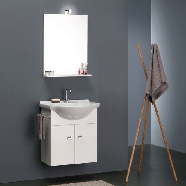 MEUBLE DE BAIN BLANC ECONOMIQUE 56 CM + LAVABO, MIROIR ET LUMIERE 